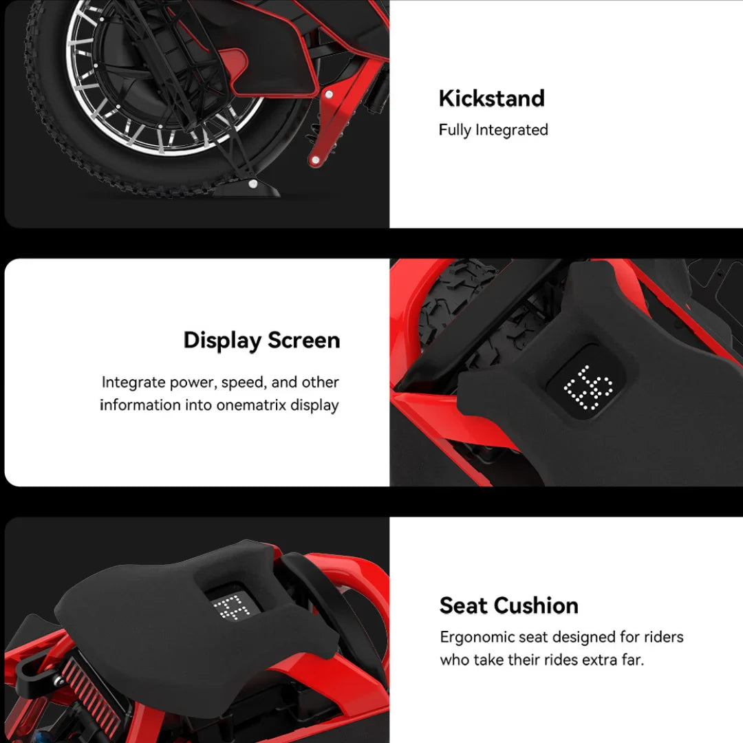 Izdelek je električni monocikel, znamke Kingsong, model S22 Pro. Na sliki so prikazani različni elementi monocikla, vključno z integriranim stojalom, zaslonom, ki prikazuje moč in hitrost, ter ergonomskim sedežem, zasnovanim za udobno vožnjo na daljših razdaljah. Rdeča barva in sodoben dizajn dodatno poudarjata njegovo privlačnost.