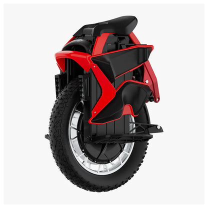 Izdelek na sliki je električni monocikel, znamke Kingsong, model S22 Pro. Na sliki je prikazan zadnji del monocikla, ki ima robustno kolo z grobim profilom pnevmatike, kar nakazuje na primernost za različne terene. Rdeča in črna barvna kombinacija ter ergonomsko oblikovana sedežna površina dodajata športen videz in udobje pri vožnji.