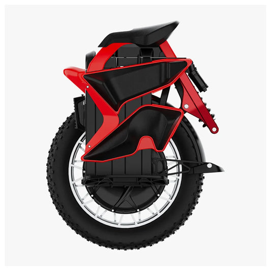 Izdelek na sliki je električni monocikel, model Kingsong S22 Pro. Vidna je njegova kompaktna zasnova z velikim kolesom in robustnim okvirjem v rdeči in črni barvi. Na sliki so prikazani tudi elementi, ki omogočajo udobno vožnjo, kot so sedež in zaščitni deli, kar nakazuje na njegovo uporabnost in stabilnost.