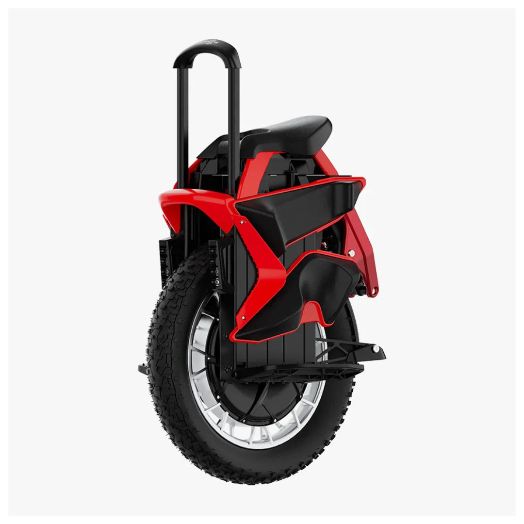 Na sliki je električni monocikel, model Kingsong S22 Pro. Izdelek ima robustno zasnovo z velikim kolesom in udobnim sedežem. Rdeča in črna barvna kombinacija daje dinamičen videz, medtem ko je na zadnjem delu vidna ročica za lažje prenašanje. Monocikel je zasnovan za enostavno vožnjo in mobilnost.