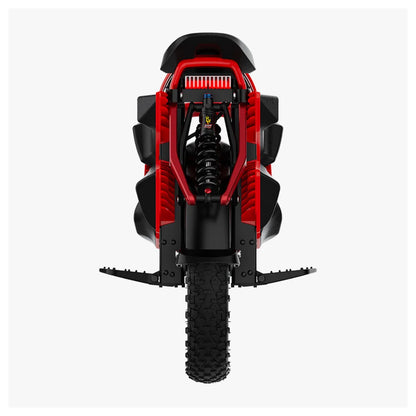 Izdelek je električni monocikel, znamke Kingsong, model S22 Pro. Na sliki je prikazan zadnji del monocikla, ki ima robustno konstrukcijo s širokim kolesom in vzmetenjem, kar nakazuje na dobro stabilnost in udobje med vožnjo. Rdeče in črne barve dodajo športen videz, medtem ko so vidni tudi zaščitni elementi in stopalke.