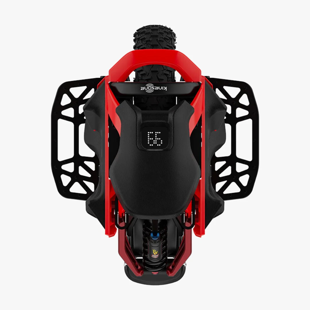 Izdelek je električni monocikel, znamke Kingsong, model S22 Pro. Na sliki je prikazana zgornja perspektiva monocikla, ki ima robustno rdečo konstrukcijo in široke pnevmatike, kar nakazuje na njegovo zmogljivost na različnih terenih. Vidna je tudi zaslončka, ki prikazuje informacije o delovanju, ter vzmetenje, kar prispeva k udobni vožnji.