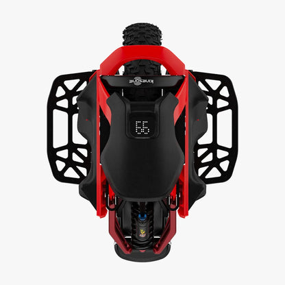 Izdelek je električni monocikel, znamke Kingsong, model S22 Pro. Na sliki je prikazana zgornja perspektiva monocikla, ki ima robustno rdečo konstrukcijo in široke pnevmatike, kar nakazuje na njegovo zmogljivost na različnih terenih. Vidna je tudi zaslončka, ki prikazuje informacije o delovanju, ter vzmetenje, kar prispeva k udobni vožnji.