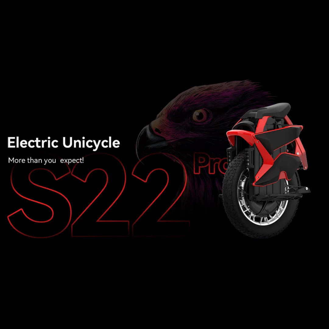 Slika električnega monocikla Kingsong S22 Pro z elegantno obliko in drznim besedilnim ozadjem.