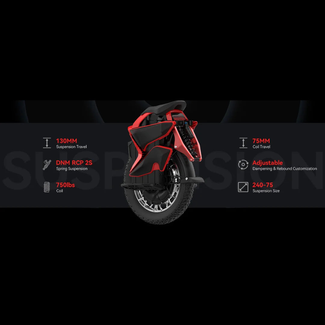 Izdelek je električni monocikel, znamke Kingsong, model S22 Pro. Na sliki je prikazan zadnji del monocikla, ki vključuje sistem vzmetenja z značilnostmi, kot so 130 mm pot vzmetenja in 75 mm pot vzmeti. Opremljen je z DNM RCP 2S vzmetnim vzmetenjem ter omogoča prilagoditev dampinga in povratka. Monocikel ima robustno kolo, kar kaže na njegovo zmogljivost in stabilnost.