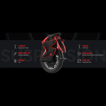 Izdelek je električni monocikel, znamke Kingsong, model S22 Pro. Na sliki je prikazan zadnji del monocikla, ki vključuje sistem vzmetenja z značilnostmi, kot so 130 mm pot vzmetenja in 75 mm pot vzmeti. Opremljen je z DNM RCP 2S vzmetnim vzmetenjem ter omogoča prilagoditev dampinga in povratka. Monocikel ima robustno kolo, kar kaže na njegovo zmogljivost in stabilnost.