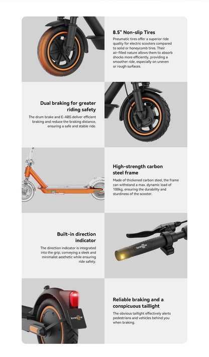 Izdelek na sliki je električni skiro znamke Kingsong, model E1. Na sliki so prikazane različne značilnosti skiroja, vključno z 8.5-palčnimi pnevmatskimi kolesi, dvojno zavorno sistemom za večjo varnost, okvirjem iz ogljikovega jekla, vgrajenimi smerniki ter zanesljivim zavoram in opazno zadnjo lučjo. Skupaj te lastnosti zagotavljajo udobno in varno vožnjo.