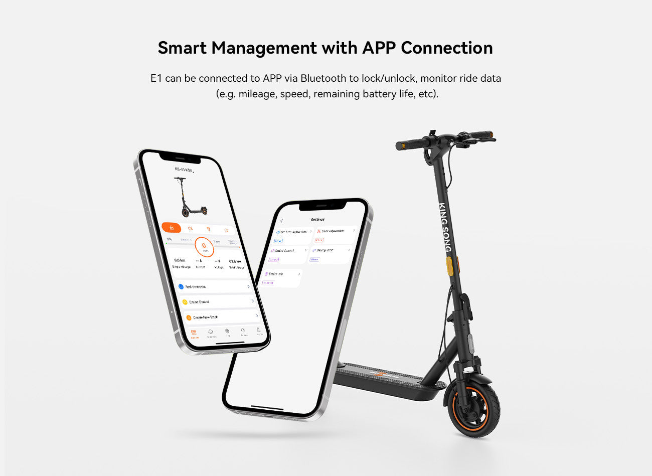 Izdelek na sliki je električni skiro, model Kingsong E1. Na sliki je prikazan skiro skupaj z dvema pametnima telefonoma, ki prikazujeta aplikacijo za upravljanje. Aplikacija omogoča povezavo prek Bluetootha za zaklepanje/odklepanje, spremljanje podatkov o vožnji, kot so prevožena razdalja, hitrost in preostala življenjska doba baterije.