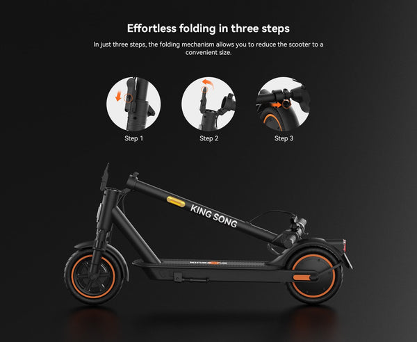 Izdelek na sliki je električni skiro, znamke King Song, model E1. Na sliki je prikazan skiro v zloženem stanju, kar poudarja njegov mehanizem za enostavno zlaganje v treh korakih. Opremljen je z velikimi kolesi in ima črn dizajn z oranžnimi detajli, kar mu daje sodoben videz.