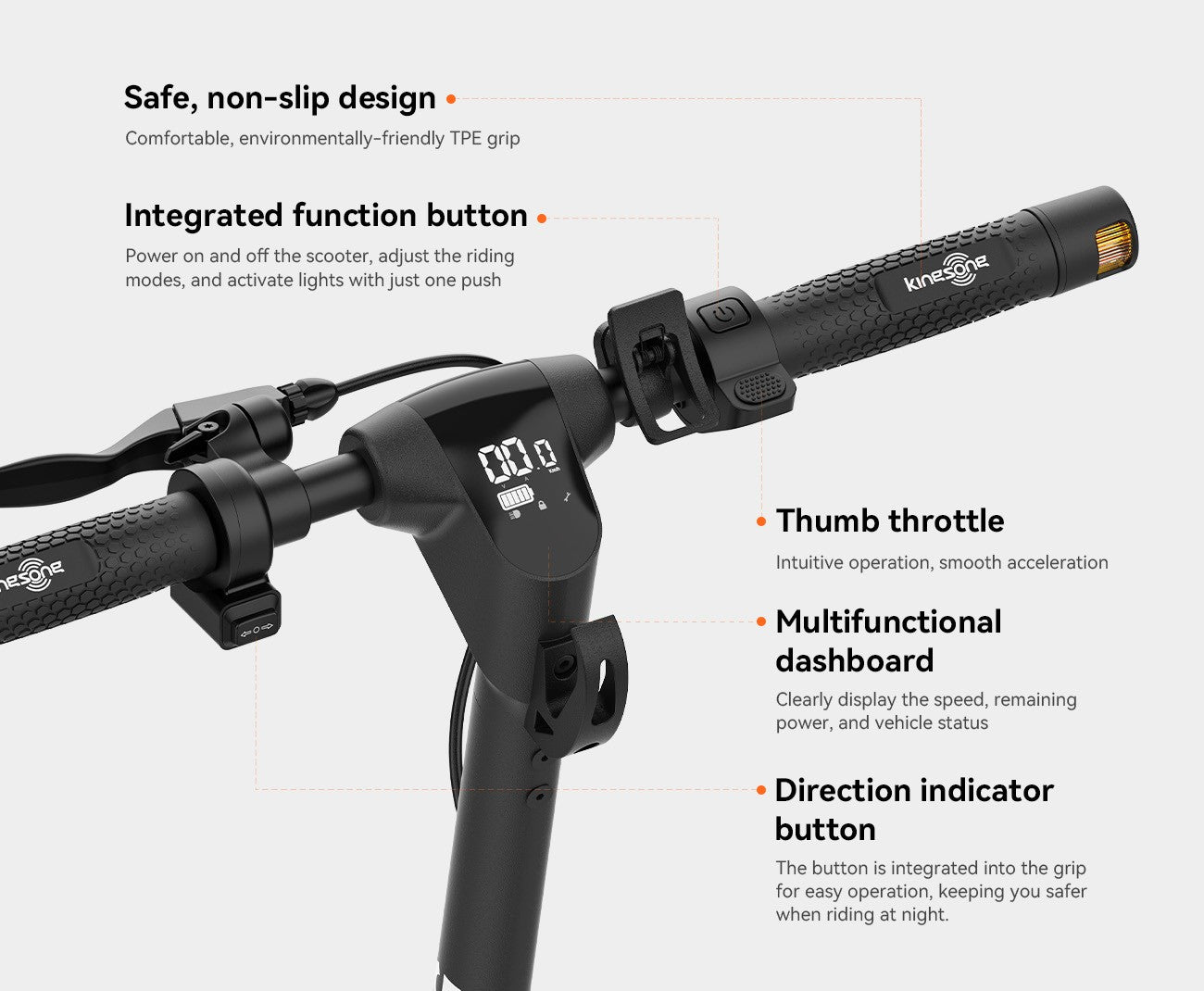 Izdelek je električni skiro znamke Kingsong, model E1. Na sliki so prikazani ročaji skiroja z varnim, protidrsnim dizajnom ter integriranim funkcijskim gumbom. Vidna je tudi večfunkcijska armaturna plošča, ki prikazuje hitrost, preostalo moč in stanje vozila, ter gumb za smerokaze, ki omogoča enostavno upravljanje med vožnjo.