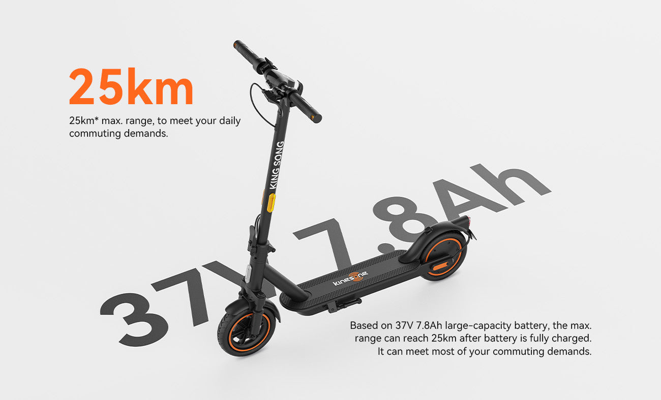 Izdelek na sliki je električni skiro znamke Kingsong, model E1. Na sliki je prikazan skiro v črni barvi z oranžnimi detajli. Opremljen je s krmilom in širokim podnožjem, kar omogoča udobno vožnjo. Omenjena je tudi maksimalna razdalja vožnje 25 km, kar zadostuje za vsakodnevne potrebe po prevozu.