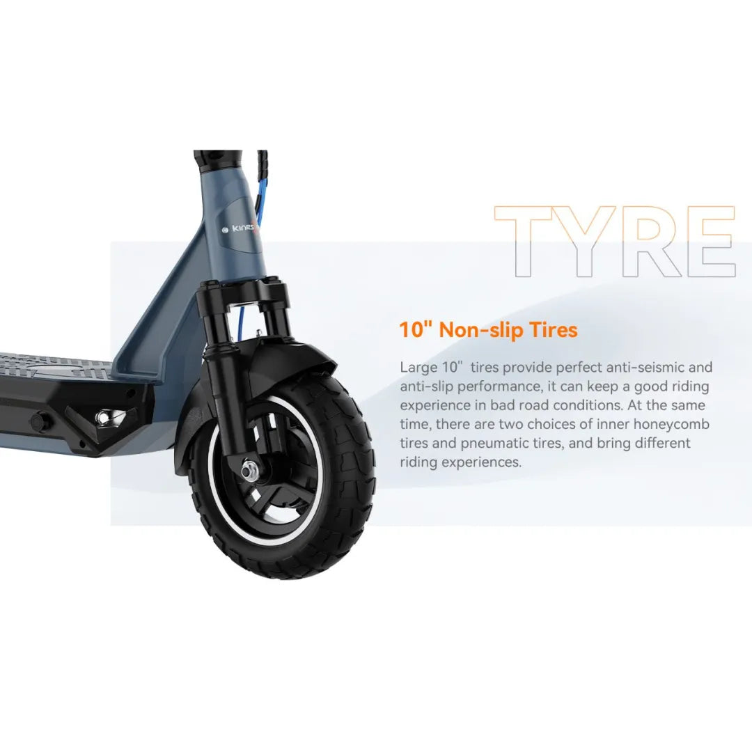 Izdelek je električni skiro, znamke Kingsong, model N12 Pro. Na sliki je prikazan sprednji del skiroja z velikim 10-palčnim kolesom, ki ima nedrsečo pnevmatiko. Omenjena je tudi zmogljivost kolesa, ki zagotavlja dobro vožnjo tudi na slabih cestah, ter možnosti izbire med različnimi vrstami pnevmatik.