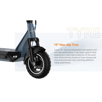 Izdelek je električni skiro, znamke Kingsong, model N12 Pro. Na sliki je prikazan sprednji del skiroja z velikim 10-palčnim kolesom, ki ima nedrsečo pnevmatiko. Omenjena je tudi zmogljivost kolesa, ki zagotavlja dobro vožnjo tudi na slabih cestah, ter možnosti izbire med različnimi vrstami pnevmatik.