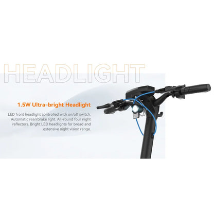 Izdelek je električni skiro, znamke Kingsong, model N12 Pro. Na sliki je prikazan del krmila skiroja, kjer se nahajajo LED sprednja luč, stikalo za vklop/izklop ter ročaji. Omenjena je tudi avtomatska zadnja/ustavitvena luč in reflektorji, ki zagotavljajo dobro vidnost ponoči.