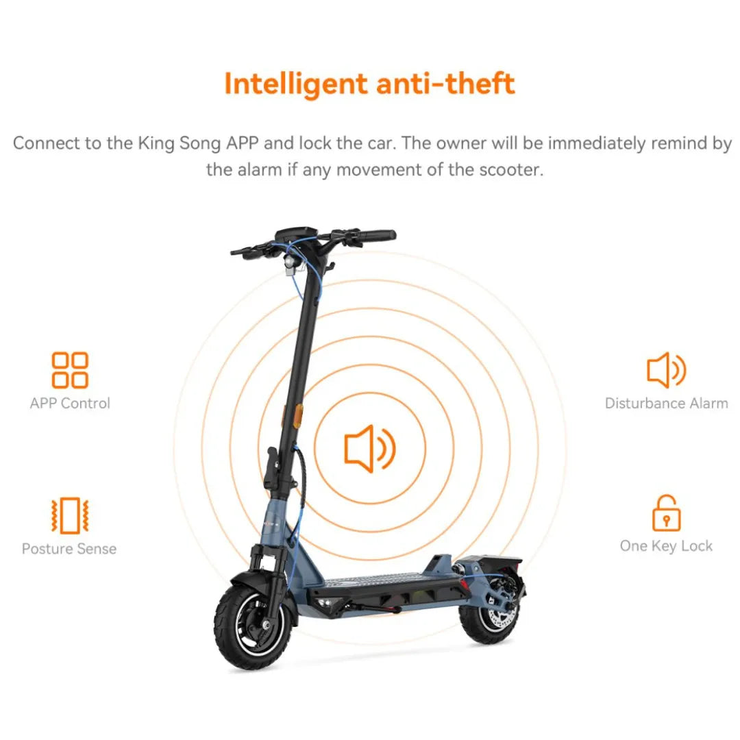 Izdelek na sliki je električni skiro, model Kingsong N12 Pro. Na sliki je prikazan skiro s sodobnim dizajnom, ki vključuje funkcije, kot so inteligentni alarm proti kraji, nadzor preko aplikacije in senzor za držo. Vidna je tudi podrobnost o kolesih in krmilu, kar nakazuje na njegovo uporabnost in funkcionalnost.