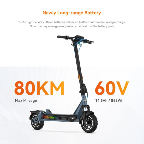 Izdelek je električni skiro, znamke Kingsong, model N12 Pro. Na sliki je prikazan skiro v modernem dizajnu, opremljen z dolgoročnimi litij-ionskimi baterijami, ki omogočajo do 80 km vožnje na eno polnjenje. Vidni so tudi podatki o napetosti baterije (60V) in kapaciteti (14,5Ah / 858Wh).