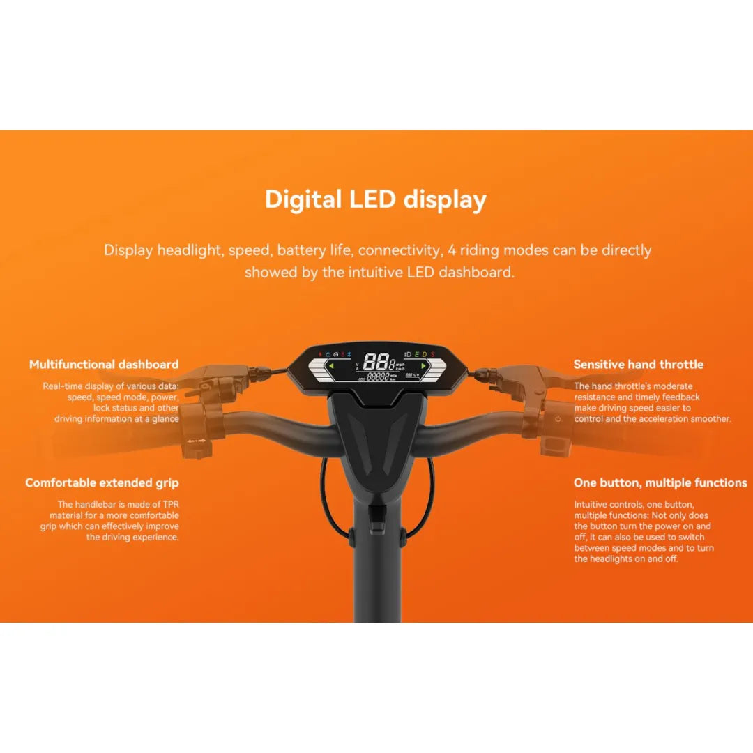 Izdelek je električni skiro, znamke Kingsong, model N14. Na sliki je prikazan digitalni LED zaslon, ki prikazuje hitrost, stanje baterije in druge pomembne informacije. Vidni so tudi ročaji s funkcionalnostmi za nadzor hitrosti ter gumb za različne nastavitve, kar omogoča enostavno upravljanje med različnimi načini vožnje.