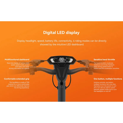 Izdelek je električni skiro, znamke Kingsong, model N14. Na sliki je prikazan digitalni LED zaslon, ki prikazuje hitrost, stanje baterije in druge pomembne informacije. Vidni so tudi ročaji s funkcionalnostmi za nadzor hitrosti ter gumb za različne nastavitve, kar omogoča enostavno upravljanje med različnimi načini vožnje.