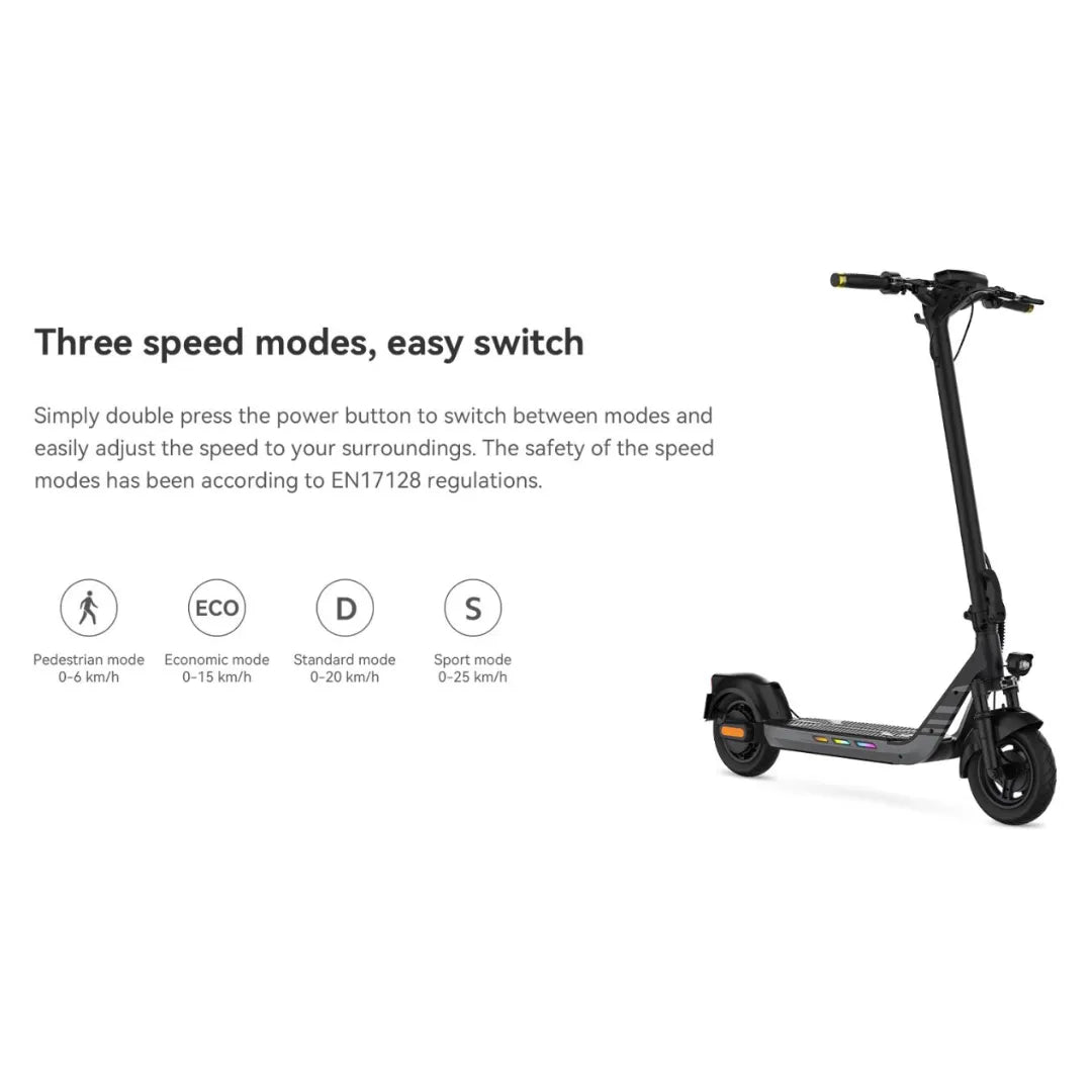 Izdelek je električni skiro znamke Kingsong, model N14. Na sliki je prikazan skiro s črno barvo in ergonomskim dizajnom. Opremljen je z različnimi hitrostnimi načini, ki omogočajo prilagoditev hitrosti glede na okolje, kar vključuje peš način, ekonomski način, standardni način in športni način. Vidna je tudi ročica za upravljanje in kolesa, kar nakazuje na njegovo uporabnost za mestno vožnjo.