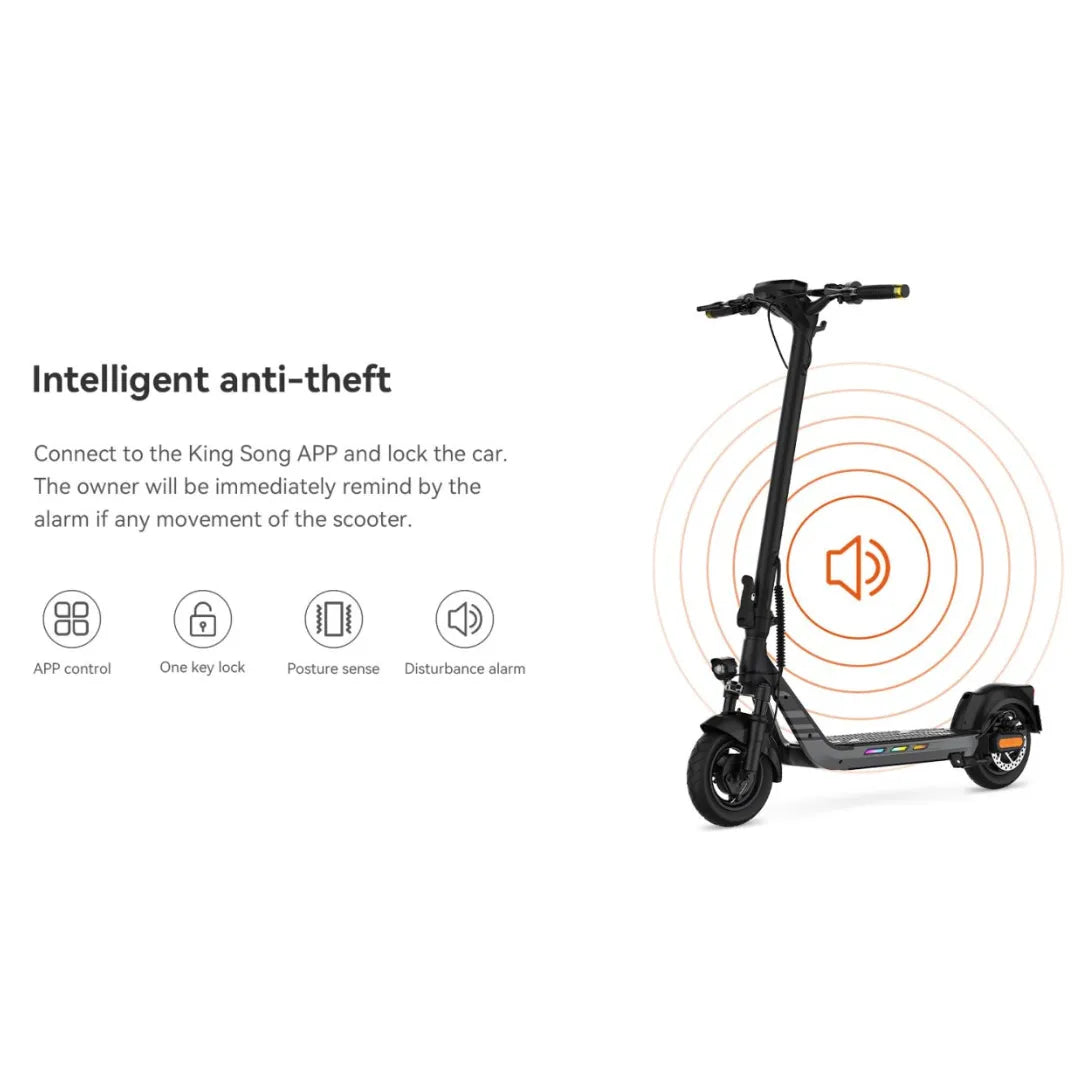 Izdelek je električni skiro znamke King Song, model N14. Na sliki je prikazan skiro s sodobnim dizajnom, ki vključuje funkcionalnosti, kot so inteligentni alarm proti kraji in možnost upravljanja preko aplikacije. Vidni so tudi detajli, kot so ročaji in kolesa, kar nakazuje na njegovo uporabnost in mobilnost.