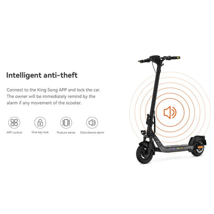 Izdelek je električni skiro znamke King Song, model N14. Na sliki je prikazan skiro s sodobnim dizajnom, ki vključuje funkcionalnosti, kot so inteligentni alarm proti kraji in možnost upravljanja preko aplikacije. Vidni so tudi detajli, kot so ročaji in kolesa, kar nakazuje na njegovo uporabnost in mobilnost.