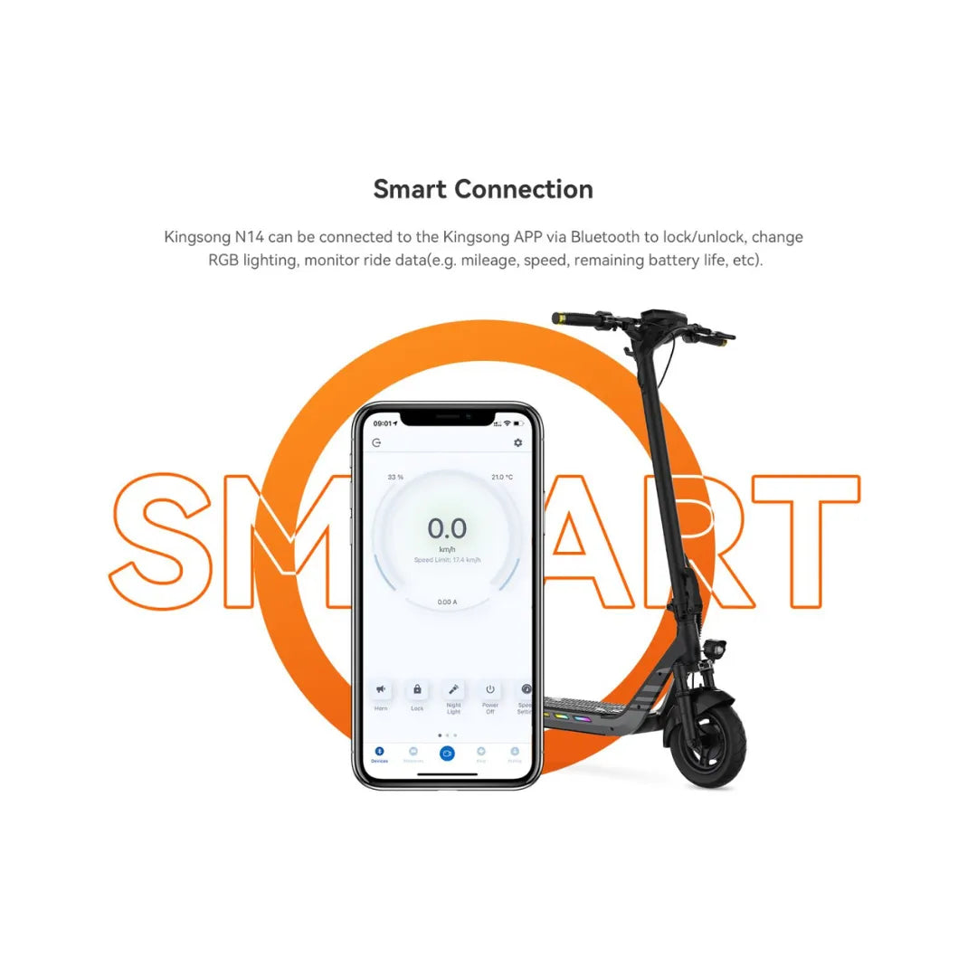 Izdelek je električni skiro, znamke Kingsong, model N14. Na sliki je prikazan skiro ob telefonu, ki prikazuje aplikacijo Kingsong. Aplikacija omogoča povezavo preko Bluetooth za upravljanje funkcij skiroja, kot so zaklepanje, spreminjanje RGB osvetlitve in spremljanje podatkov o vožnji, kot so hitrost in preostala kapaciteta baterije.