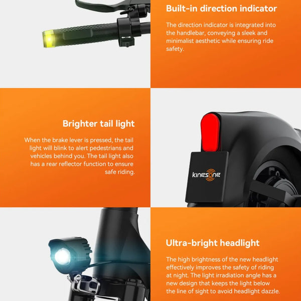 Izdelek je električni skiro, znamke Kingsong, model N14. Na sliki so prikazani različni varnostni elementi skiroja, vključno z vgrajenim smernikom na krmilu, svetlečo zadnjo lučjo, ki utripa ob zaviranju, ter ultra svetlo sprednjo lučjo, ki izboljšuje vidljivost med vožnjo. Vse te funkcije prispevajo k večji varnosti uporabnika.