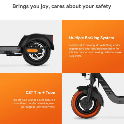 Izdelek je električni skiro, znamke Kingsong, model N14. Na sliki je prikazan zadnji del skiroja, ki vključuje disk in bobnasto zavoro ter regenerativni sistem zaviranja. Vidne so tudi 10-palčne pnevmatike CST, ki zagotavljajo udobno vožnjo tudi po neravnih površinah. Sklepamo lahko, da je skiro zasnovan za varno in učinkovito vožnjo.