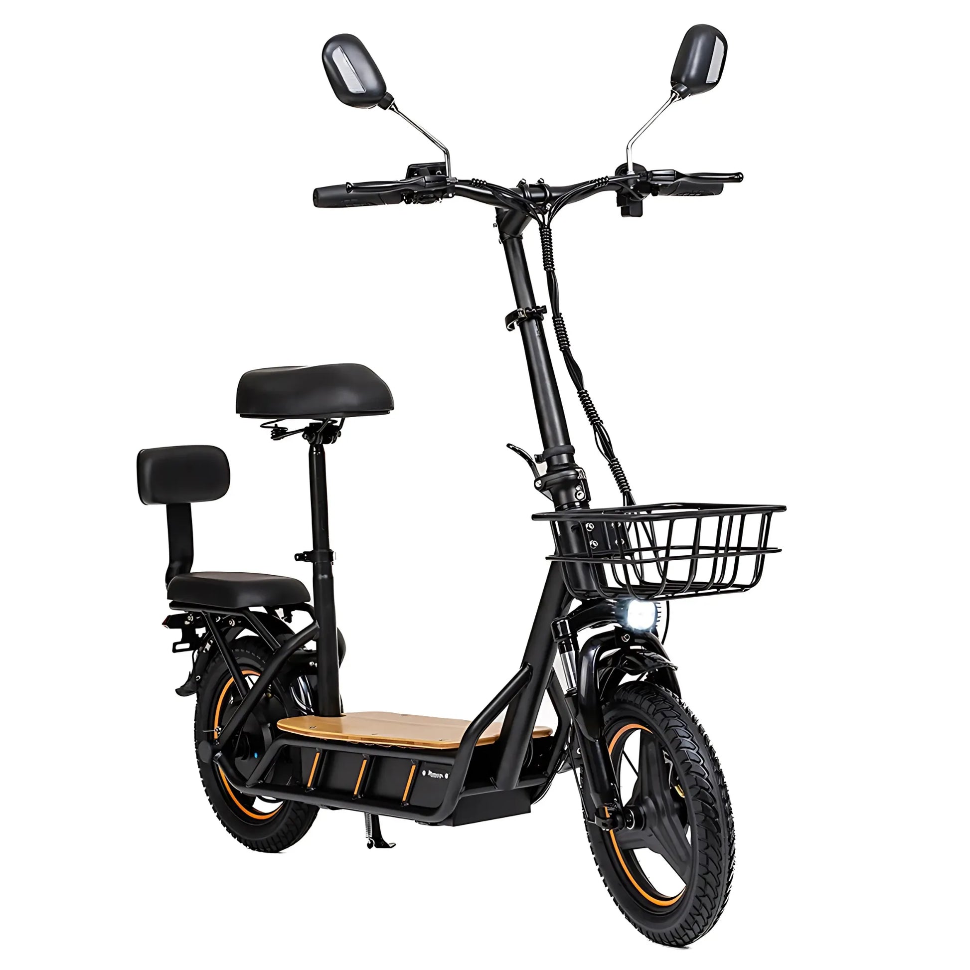 Električni skiro Kukirin C1 Pro z elegantno obliko, udobnim sedežem in sprednjo košaro.