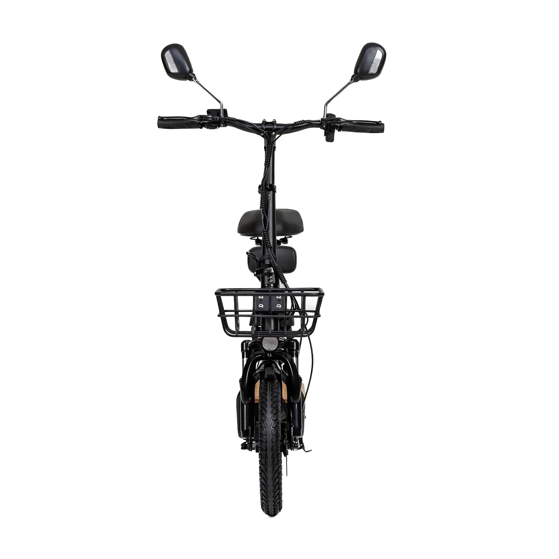 Izdelek je električni skiro, model Kukirin C1 Pro. Na sliki je prikazana sprednja stran skiroja, ki ima široka krmila z ogledali, sedež in sprednji nosilec. Opremljen je z robustnimi pnevmatikami, kar nakazuje na dobro stabilnost in udobje med vožnjo. Celoten dizajn je v črni barvi, kar mu daje sodoben videz.