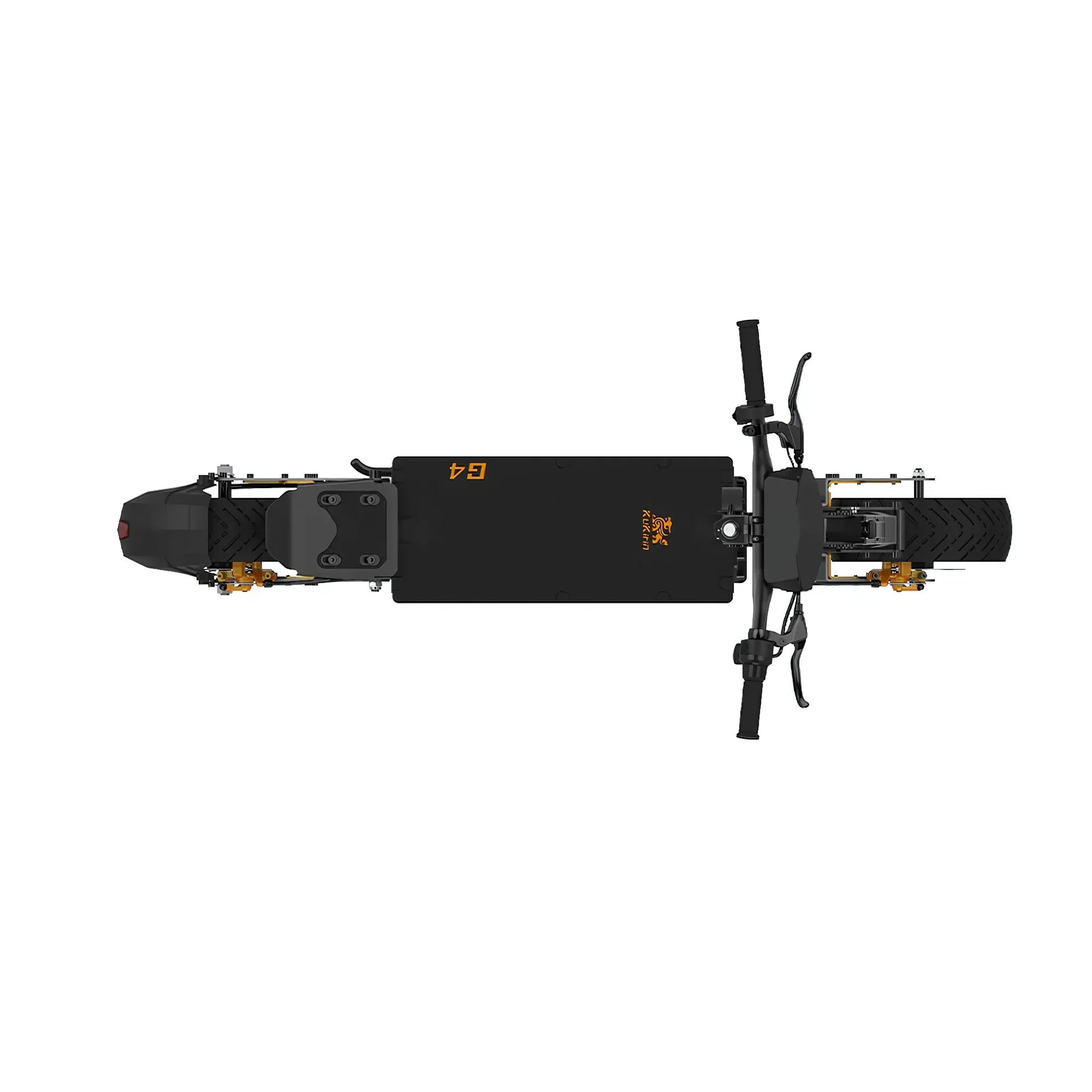 Izdelek na sliki je električni skiro, model Kukirin G4. Na sliki je prikazana zgornja stran skiroja, ki ima široko platformo za stoječe vožnje, široke pnevmatike ter krmilo z ročaji. Opremljen je s sistemom za zaviranje in dodatnimi elementi, ki zagotavljajo stabilnost in udobje med vožnjo. Zasnova je moderna in robustna, kar nakazuje na visoko kakovost in zmogljivost.