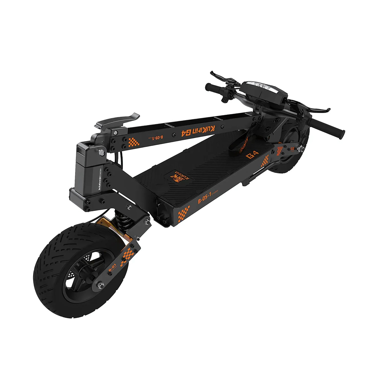 Na sliki je električni skiro znamke Kukirin, model G4. Izdelek je črne barve z oranžnimi detajli. Vidna je široka platforma za stojišče, krmilo ter velika zadnja pnevmatika, kar nakazuje na stabilnost in udobno vožnjo. Skrbno zasnovan okvir omogoča enostavno zlaganje, kar je praktično za prenašanje in shranjevanje.