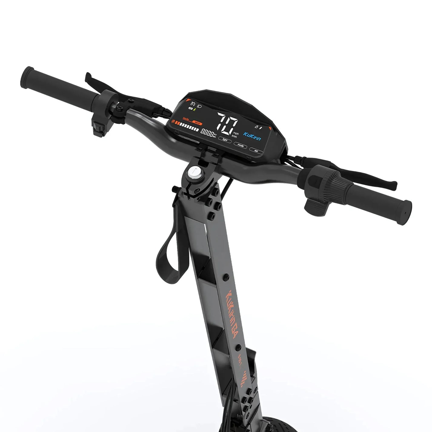 Na sliki je električni skiro znamke Kukirin, model G4. Vidni so krmili s prikazovalnikom, ki prikazuje hitrost in druge funkcije. Skuter ima črn okvir z ergonomskimi ročaji in dodatnimi funkcionalnostmi za udobno vožnjo.