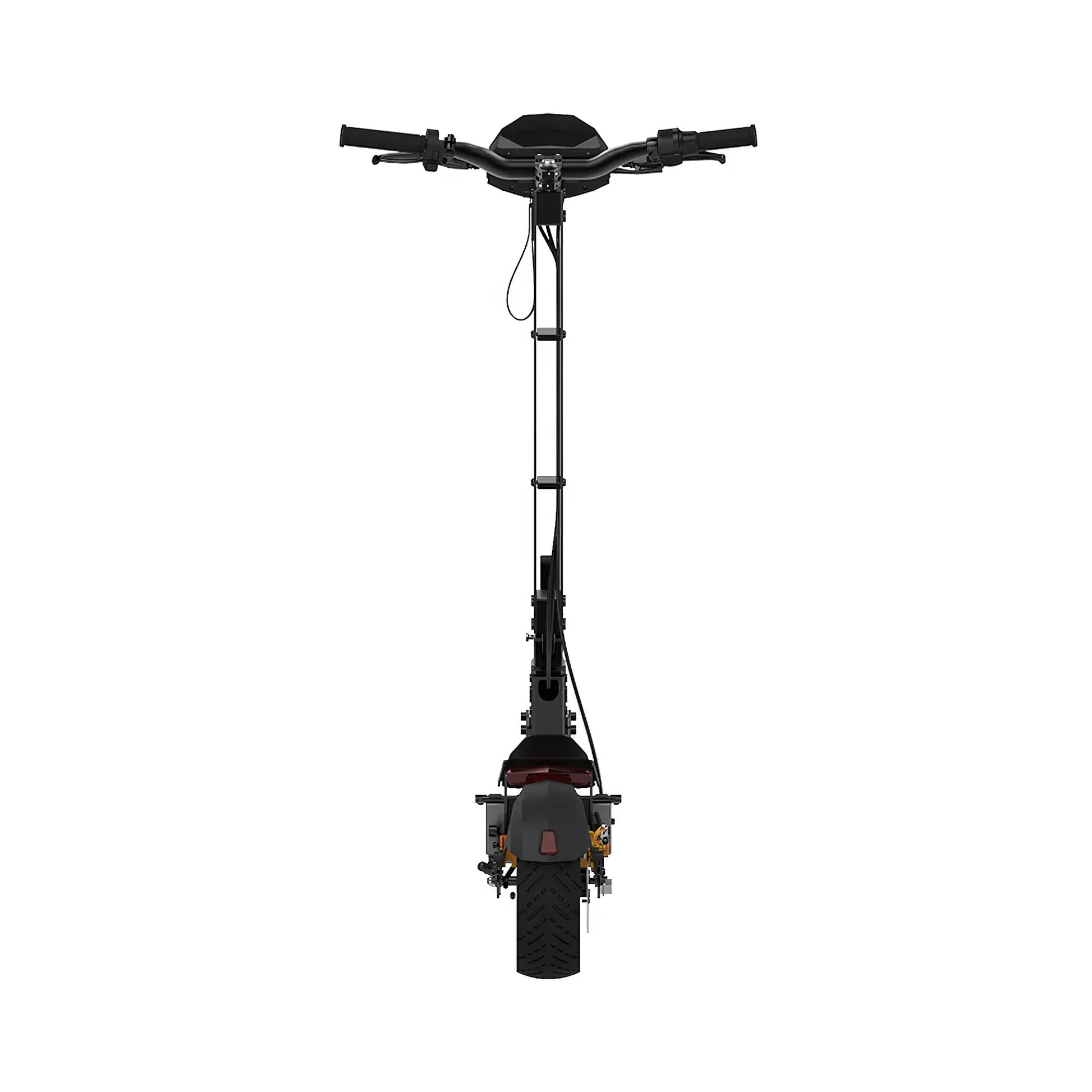 Izdelek na sliki je električni skiro, model Kukirin G4. Vidna je sprednja stran skiroja, ki vključuje krmilo z ročaji, ter del okvirja in zadnje kolo. Na skiroju so tudi vidni elementi, kot so luči in zavorni mehanizem, kar nakazuje na njegovo funkcionalnost in zasnovo za urbano vožnjo.