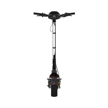 Izdelek na sliki je električni skiro, model Kukirin G4. Vidna je sprednja stran skiroja, ki vključuje krmilo z ročaji, ter del okvirja in zadnje kolo. Na skiroju so tudi vidni elementi, kot so luči in zavorni mehanizem, kar nakazuje na njegovo funkcionalnost in zasnovo za urbano vožnjo.