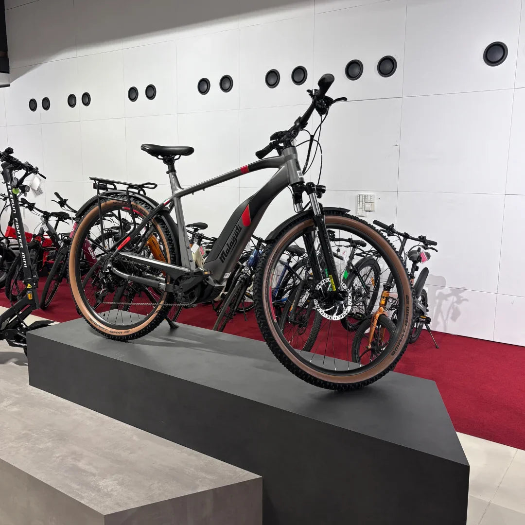 Na sliki je električno kolo znamke Malaguti, model Carezza TR 4.0 High Step. Kolo je postavljeno na stojalo v trgovini, kar omogoča dober pregled nad njegovim dizajnom. Ima robusten okvir v sivi barvi s poudarki v rdeči barvi, široke pnevmatike in je primerno za vožnjo po različnih terenih. V ozadju so vidna tudi druga kolesa, kar nakazuje na raznoliko izbiro izdelkov v trgovini.