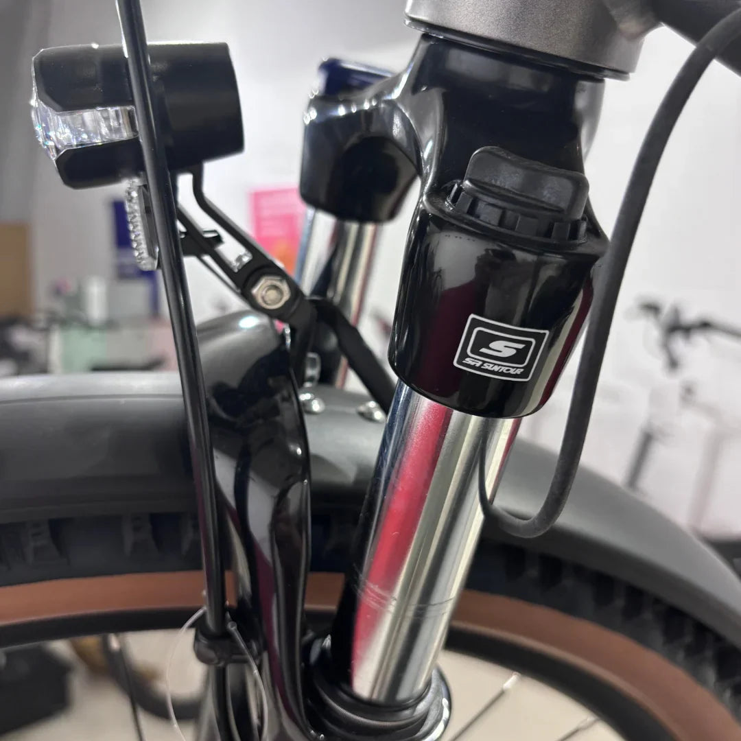 Izdelek je električno kolo, znamke Malaguti, model Carezza TR 4.0 High Step. Na sliki je prikazan del sprednjega vzmetenja, ki vključuje vilice in svetilko. Vidna je tudi povezava kablov in nekateri detajli na okvirju, kar nakazuje na kakovostno izdelavo in funkcionalnost kolesa.