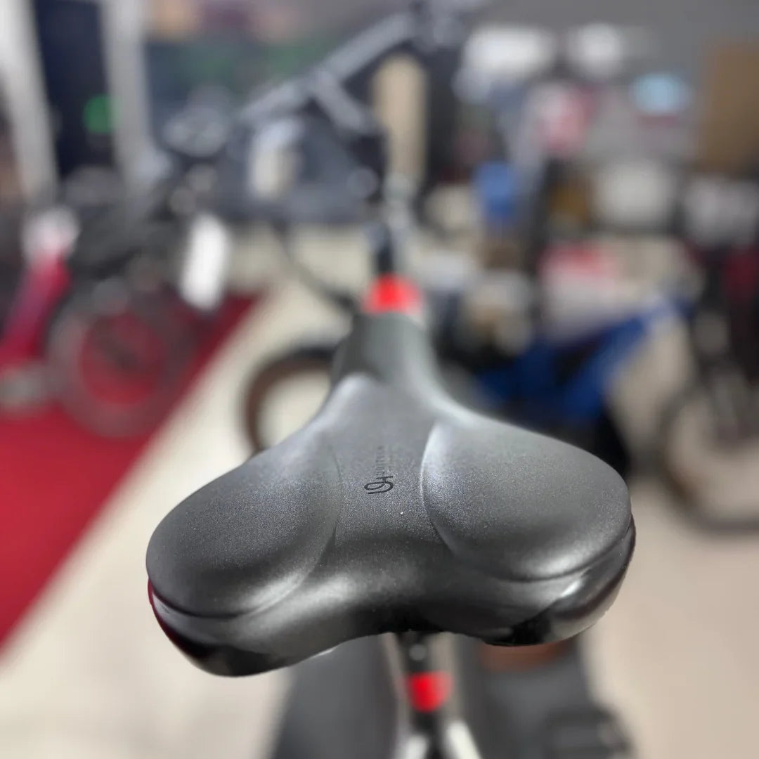 Izdelek je električno kolo znamke Malaguti, model Carezza TR 4.0 High Step. Na sliki je vidna sedežna blazina, ki je oblikovana za udobno vožnjo. V ozadju so delno vidni drugi kolesi, kar nakazuje, da gre za okolje, kjer se kolesa prodajajo ali servisirajo.