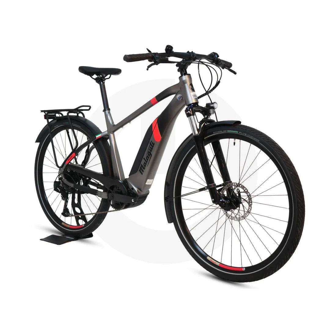 Izdelek na sliki je električno kolo, znamke Malaguti, model Carezza TR 4.0 High Step. Kolo ima moderno zasnovo, s poudarjenim okvirjem in diskastimi zavorami. Vidna sta tudi zadnji prtljažnik in široka kolesa, kar nakazuje na udobno vožnjo po različnih terenih. Barvna kombinacija vključuje sivo in rdeče detajle, kar daje kolesu športen videz.