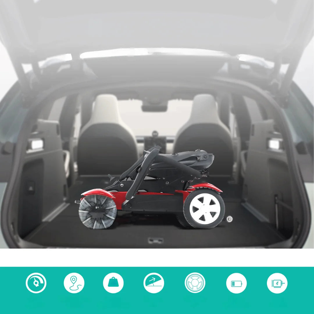 Zložen električni mobilni voziček Mijo Md08 v prtljažniku avtomobila, pripravljen za transport.