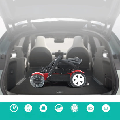 Zložen električni mobilni voziček Mijo Md08 v prtljažniku avtomobila, pripravljen za transport.