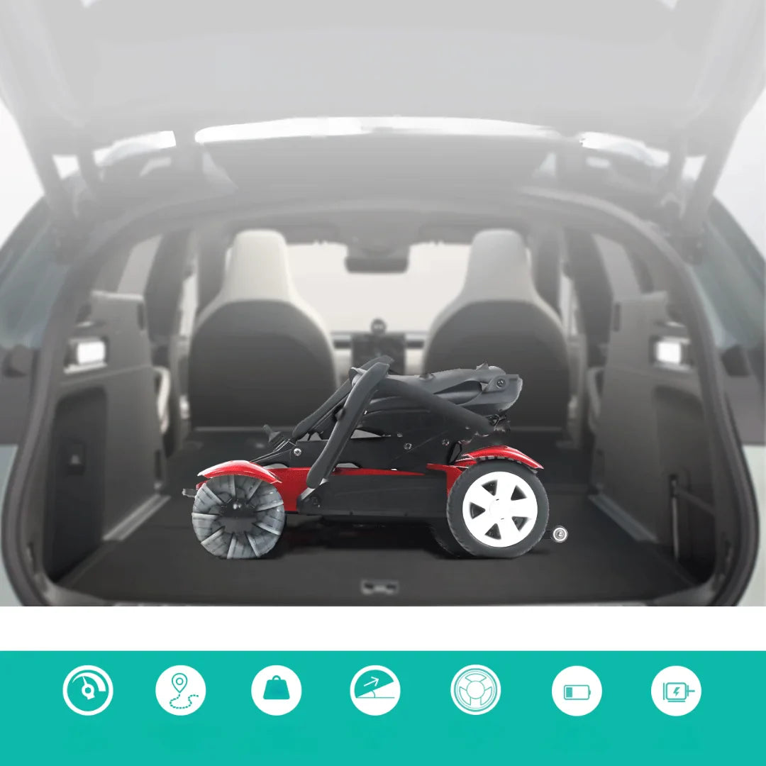 Izdelek na sliki je električni mobilni voziček, model Mijo MD08. Na sliki je voziček zložen in postavljen v prtljažnik avtomobila, kar nakazuje njegovo prenosljivost in enostavno shranjevanje. Voziček ima rdeče in črne barve ter velike bele kolesa, kar omogoča udobno vožnjo.