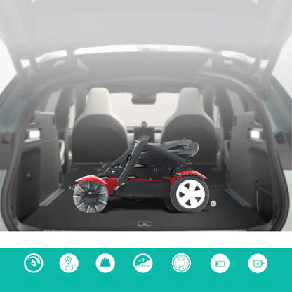 Izdelek na sliki je električni mobilni voziček, model Mijo MD08. Na sliki je voziček zložen in postavljen v prtljažnik avtomobila, kar nakazuje njegovo prenosljivost in enostavno shranjevanje. Voziček ima rdeče in črne barve ter velike bele kolesa, kar omogoča udobno vožnjo.