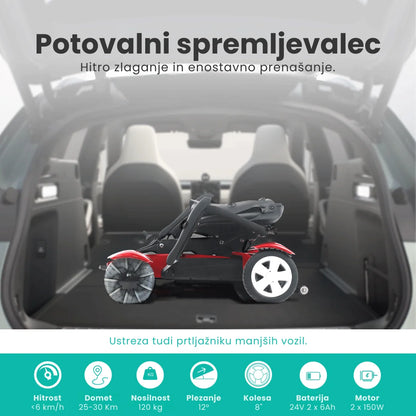 Kompaktni električni mobilni voziček Mijo Md08 zložen v prtljažniku avtomobila, pripravljen za prevoz.