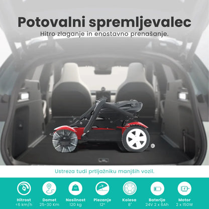 Izdelek je električni mobilni voziček, model Mijo MD08. Na sliki je prikazan zložen voziček, ki se nahaja v prtljažniku avtomobila, kar poudarja njegovo enostavno prenašanje in skladiščenje. Voziček je opremljen s kolesi in ima rdečo ter črno barvno kombinacijo. Vidni so tudi osnovni podatki o hitrost, dometu, nosilnosti in drugih specifikacijah.