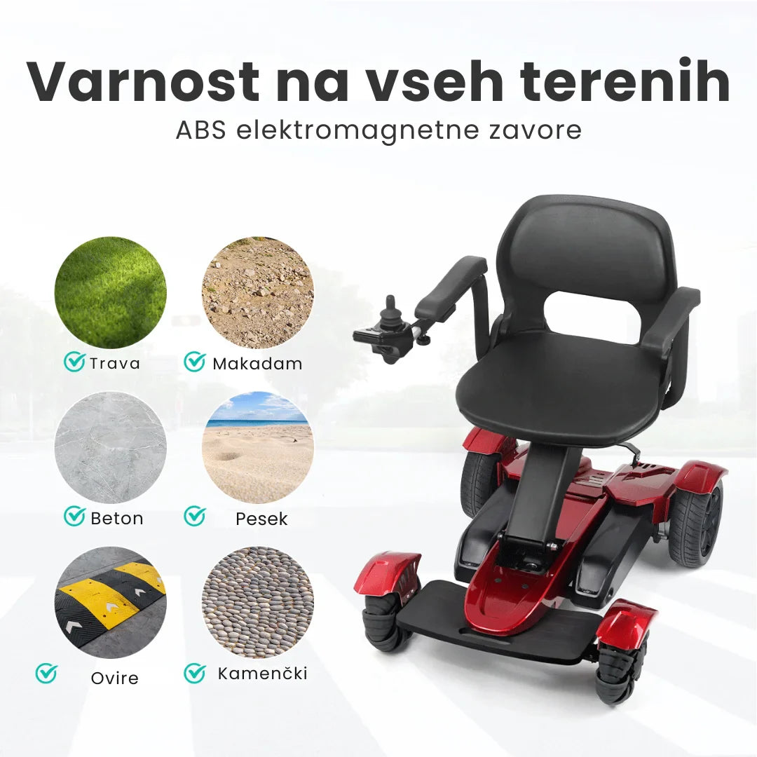 Izdelek je električni mobilni voziček, model Mijo MD08. Na sliki je prikazan voziček v rdeči barvi, opremljen z udobnim sedežem in ročico za upravljanje. Ob njem so prikazane različne vrste terena, na katerih je voziček primeren za uporabo, vključno s travo, makadamom, betonom, peskom, ovirami in kamenčki, kar poudarja njegovo vsestranskost in varnost.