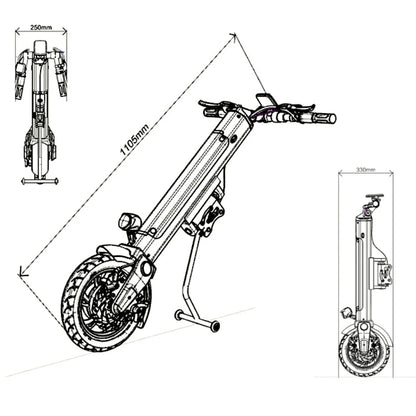 Izdelek je električni skiro, znamke Mijo, model MT03. Na sliki je prikazan skiro v tehničnem risu, ki prikazuje njegove dimenzije in obliko. Vidni so detajli, kot so krmilo, kolo in nosilec, kar daje vpogled v zasnovo in funkcionalnost skiroja. Dimenzije so označene, kar omogoča lažje razumevanje velikosti izdelka.