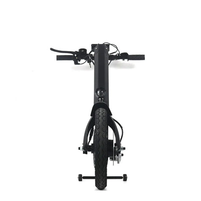 Izdelek na sliki je električno kolo, model Mijo MT03. Na sliki je prikazan sprednji del kolesa z ravnim okvirjem, krmilom in sprednjim kolesom. Vidna je tudi sprednja luč in pnevmatika z vzorcem, ki je primeren za različne površine. Barva izdelka je črna, kar daje sodoben in minimalističen videz.