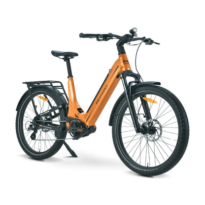 Električno kolo Ms Energy Suv C502 v živahni oranžni barvi z elegantnim dizajnom in robustnimi pnevmatikami.
