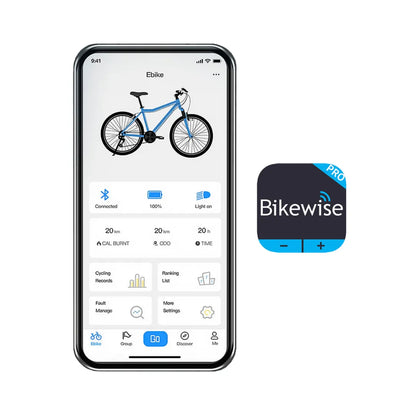 Izdelek je električno kolo, model MS Energy SUV C502. Na sliki je prikazana aplikacija na pametnem telefonu, ki prikazuje informacije o kolesu, vključno z razdaljo, porabljenimi kalorijami in drugimi podatki. Ob strani je ikona aplikacije "Bikewise", ki omogoča dodatno upravljanje in spremljanje kolesa.